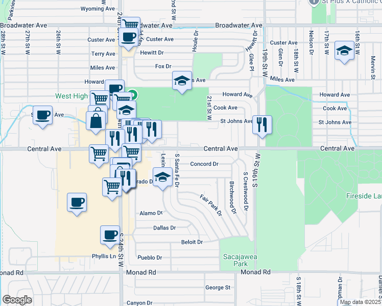 map of restaurants, bars, coffee shops, grocery stores, and more near 2136 Central Avenue in Billings