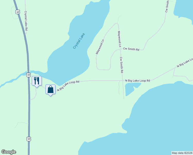 map of restaurants, bars, coffee shops, grocery stores, and more near 1298 North Big Lake Loop Road in Three Lakes