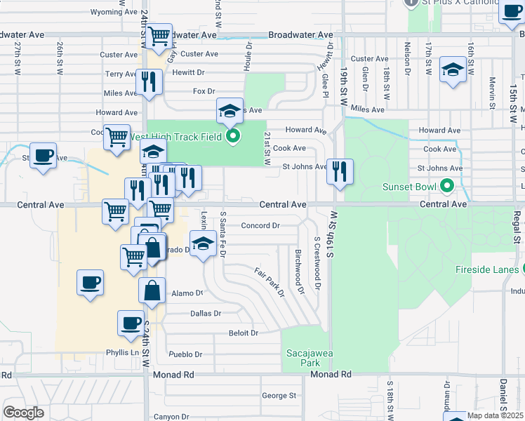map of restaurants, bars, coffee shops, grocery stores, and more near 2110 Central Avenue in Billings