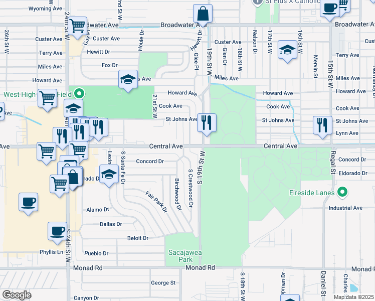 map of restaurants, bars, coffee shops, grocery stores, and more near 5 South Crestwood Drive in Billings