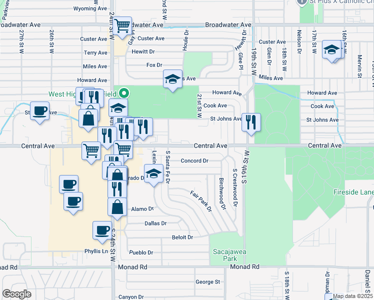 map of restaurants, bars, coffee shops, grocery stores, and more near 2136 Central Avenue in Billings