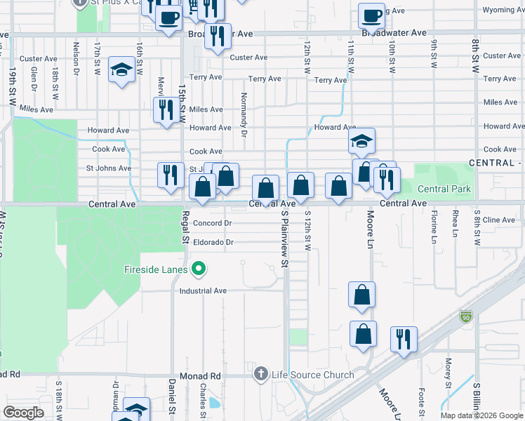map of restaurants, bars, coffee shops, grocery stores, and more near 1302 Central Avenue in Billings