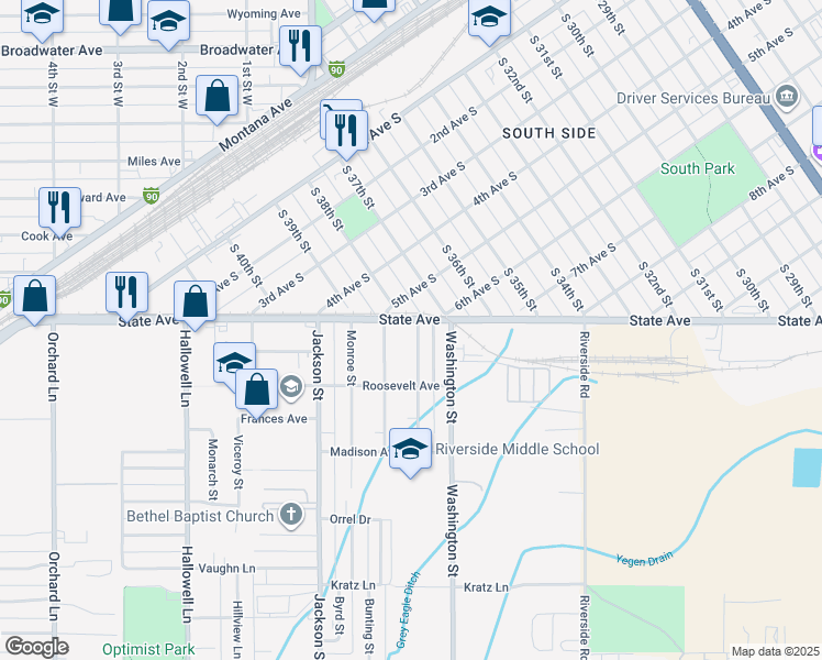 map of restaurants, bars, coffee shops, grocery stores, and more near 8 Adams Street in Billings