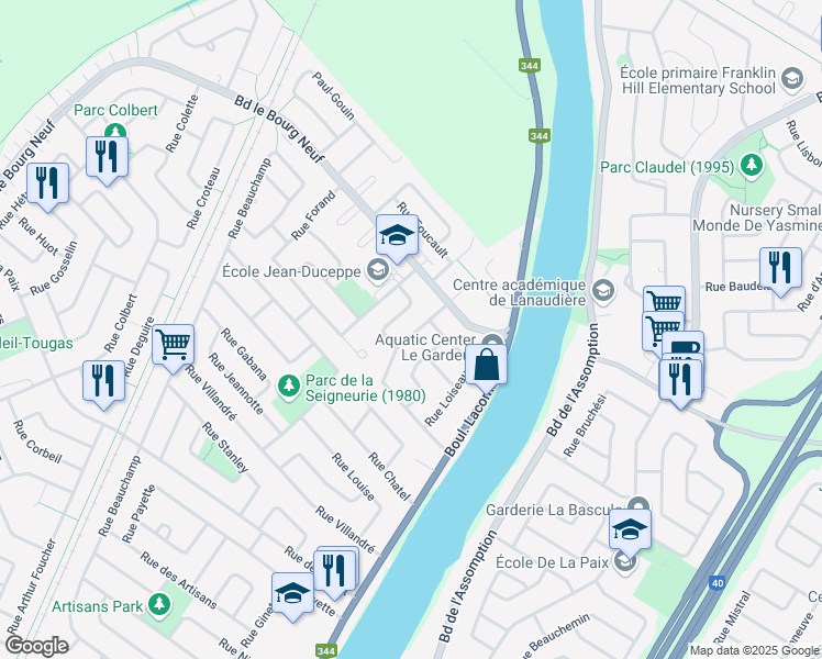 map of restaurants, bars, coffee shops, grocery stores, and more near 175 Rue Lafortune in Repentigny
