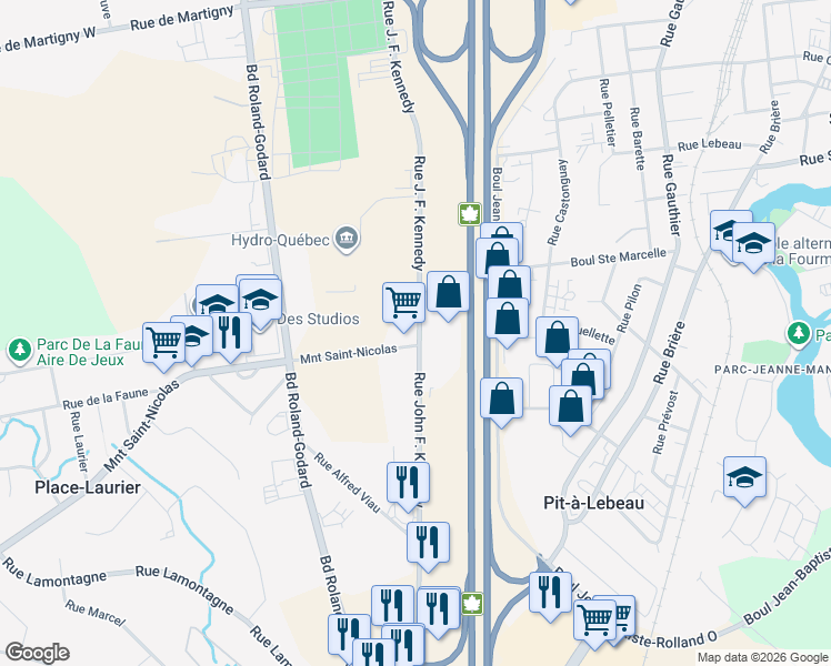 map of restaurants, bars, coffee shops, grocery stores, and more near 36 Rue John F. Kennedy in Saint-Jérôme