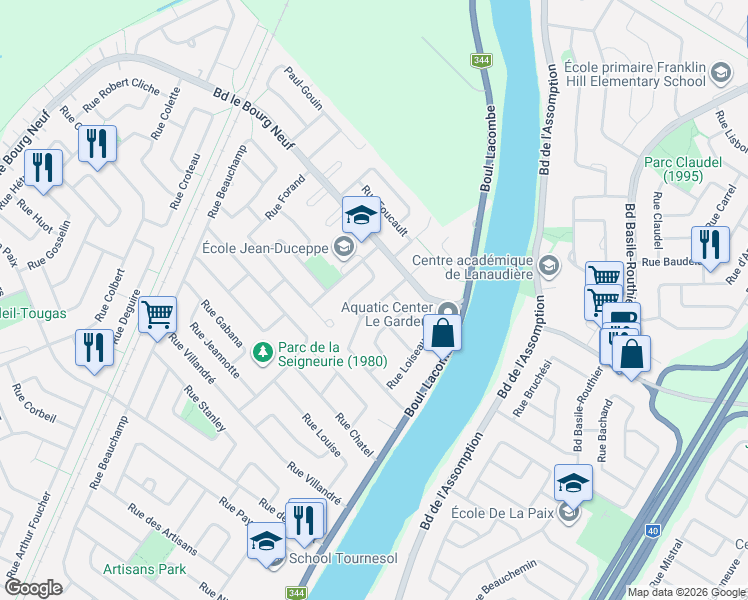 map of restaurants, bars, coffee shops, grocery stores, and more near 175 Rue Lafortune in Repentigny