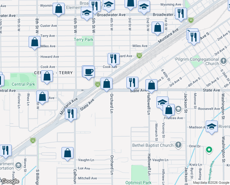 map of restaurants, bars, coffee shops, grocery stores, and more near 4322 State Avenue in Billings