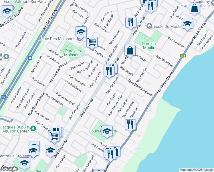 map of restaurants, bars, coffee shops, grocery stores, and more near 88 Rue Guyart in Repentigny