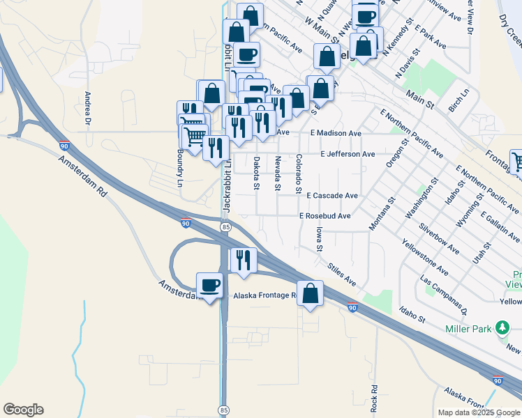 map of restaurants, bars, coffee shops, grocery stores, and more near 105 West Rosebud Avenue in Belgrade