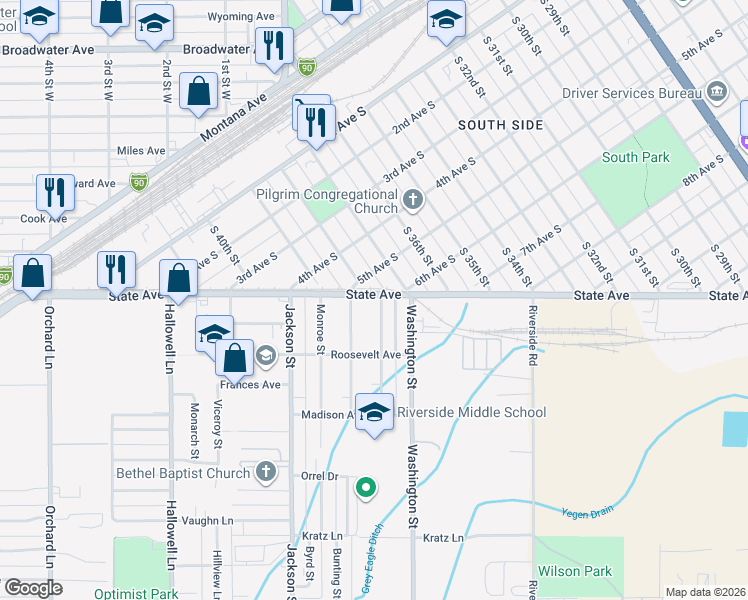 map of restaurants, bars, coffee shops, grocery stores, and more near 2 Adams Street in Billings