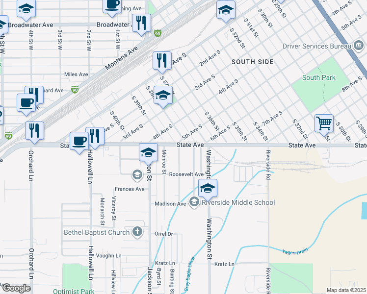 map of restaurants, bars, coffee shops, grocery stores, and more near 8 Adams Street in Billings