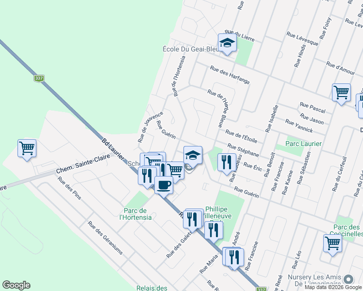 map of restaurants, bars, coffee shops, grocery stores, and more near 2409 Rue de l'Hortensia in Terrebonne