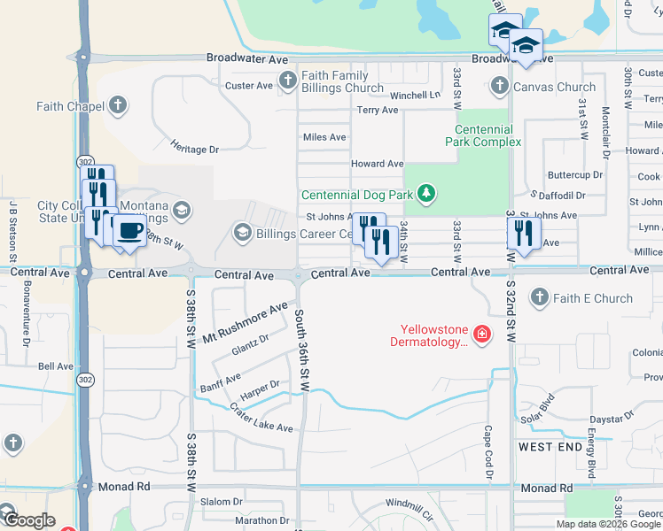 map of restaurants, bars, coffee shops, grocery stores, and more near 3515 Central Avenue in Billings