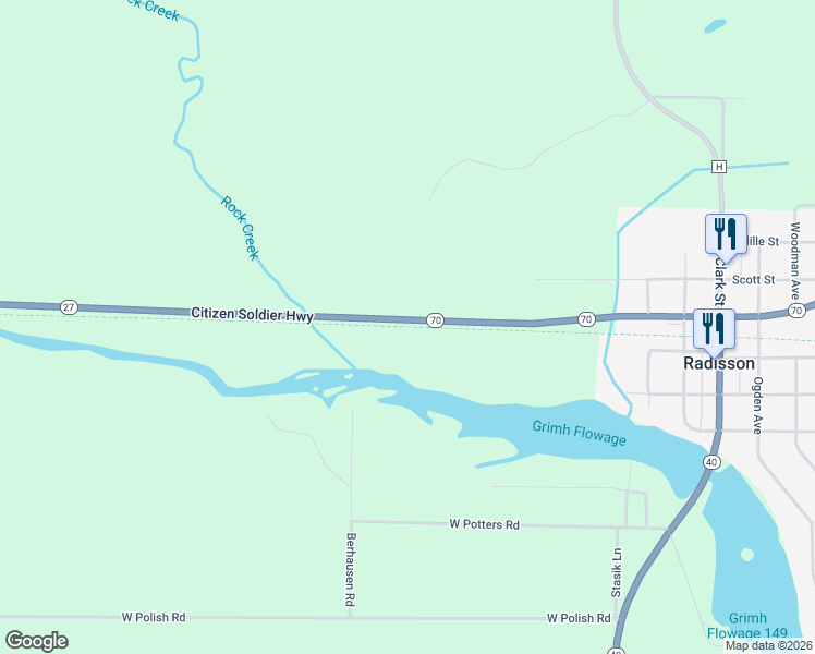 map of restaurants, bars, coffee shops, grocery stores, and more near Tuscobia Trail in Radisson