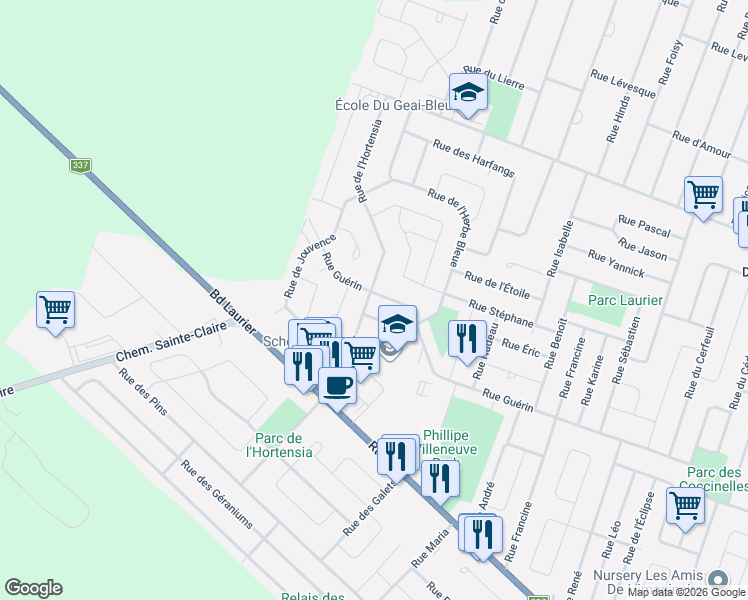map of restaurants, bars, coffee shops, grocery stores, and more near 2423 Rue de l'Hortensia in Terrebonne