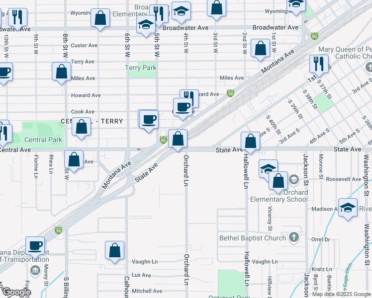 map of restaurants, bars, coffee shops, grocery stores, and more near 1 Orchard Lane in Billings