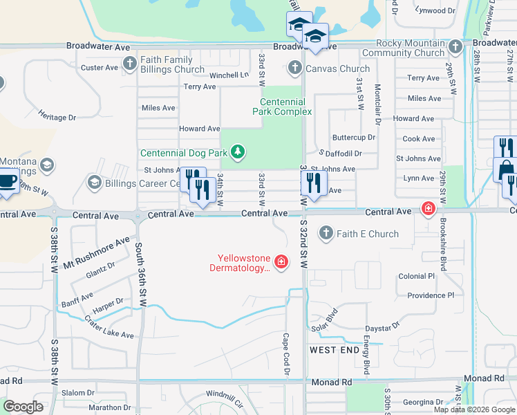 map of restaurants, bars, coffee shops, grocery stores, and more near 3303 Central Avenue in Billings