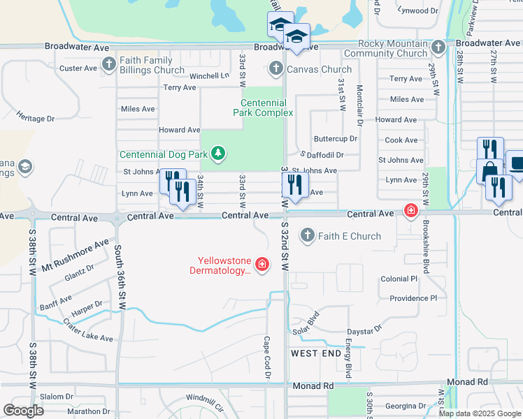 map of restaurants, bars, coffee shops, grocery stores, and more near 3225 Central Avenue in Billings