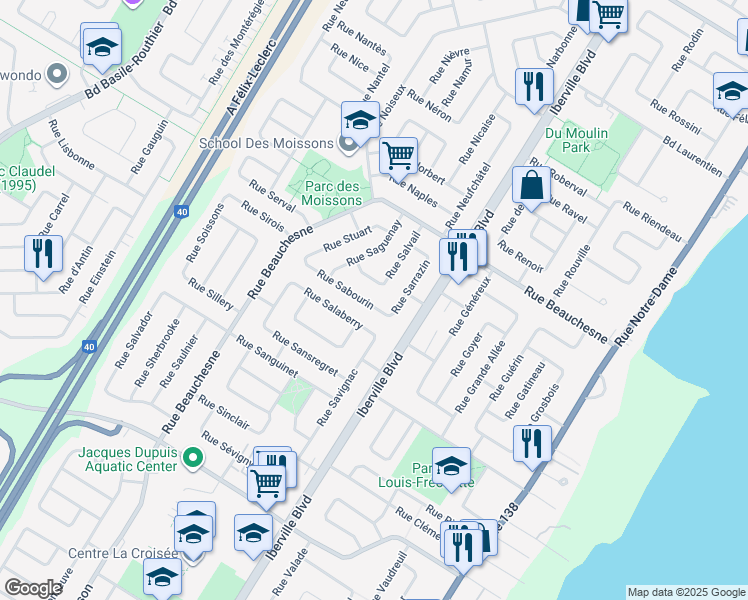 map of restaurants, bars, coffee shops, grocery stores, and more near 119 Rue Sabourin in Repentigny