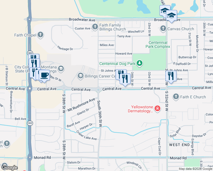 map of restaurants, bars, coffee shops, grocery stores, and more near 3515 Central Avenue in Billings