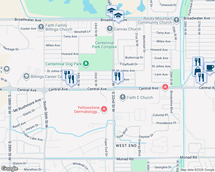 map of restaurants, bars, coffee shops, grocery stores, and more near 3225 Central Avenue in Billings