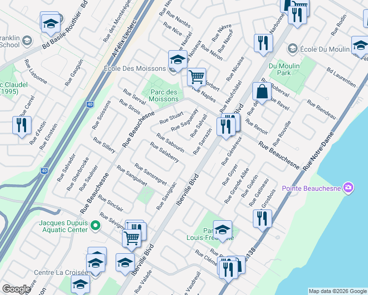 map of restaurants, bars, coffee shops, grocery stores, and more near 119 Rue Sabourin in Repentigny