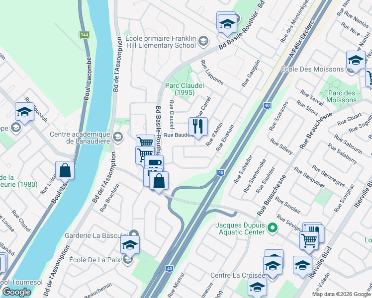 map of restaurants, bars, coffee shops, grocery stores, and more near 928 Rue d'Antin in Repentigny