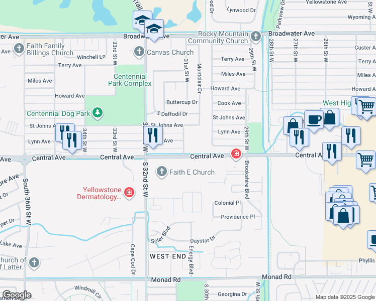 map of restaurants, bars, coffee shops, grocery stores, and more near 21 31st Street West in Billings