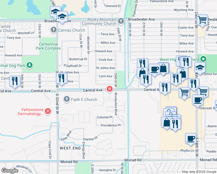 map of restaurants, bars, coffee shops, grocery stores, and more near 2926 Millice Avenue in Billings