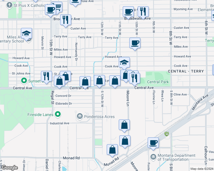 map of restaurants, bars, coffee shops, grocery stores, and more near 1137 Central Avenue in Billings