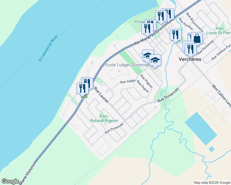 map of restaurants, bars, coffee shops, grocery stores, and more near 123 Rue du Parc in Verchères