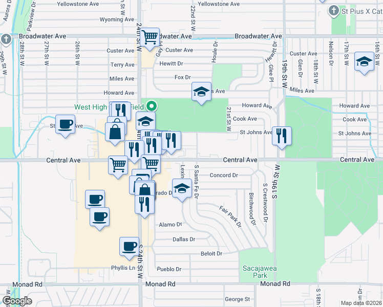 map of restaurants, bars, coffee shops, grocery stores, and more near 2207 Central Avenue in Billings