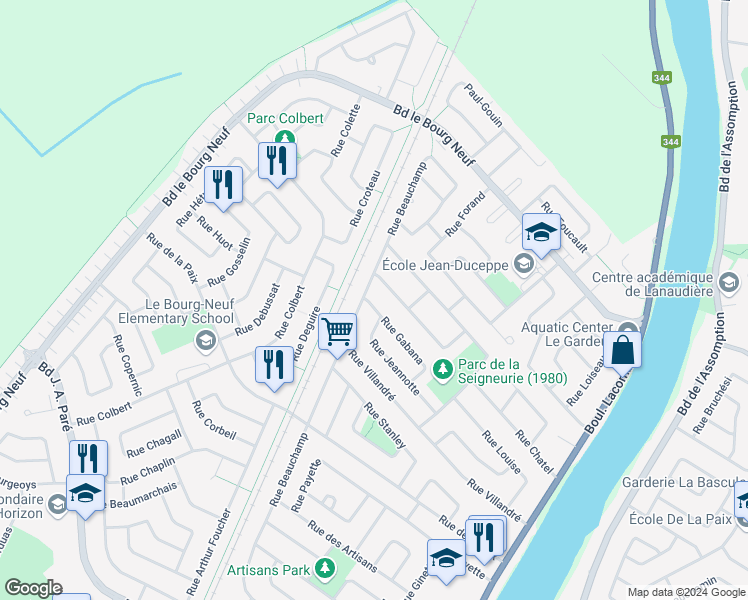 map of restaurants, bars, coffee shops, grocery stores, and more near 209 Rue Gabana in Repentigny