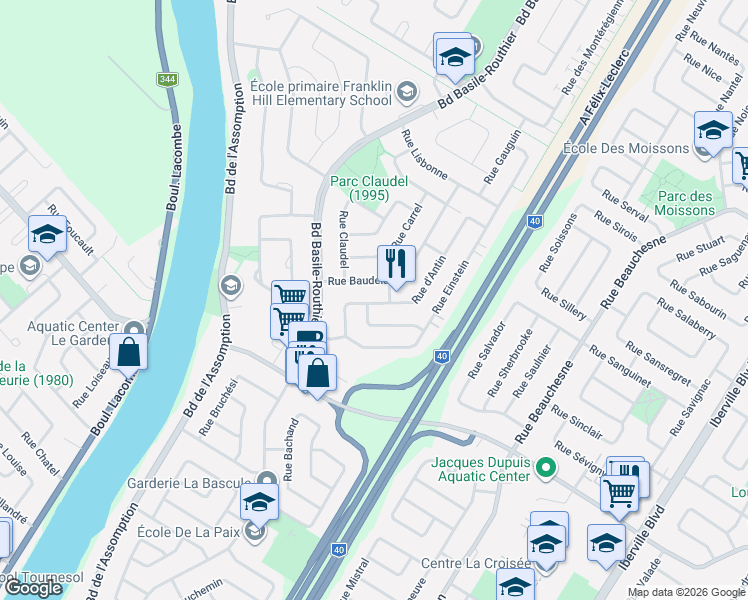 map of restaurants, bars, coffee shops, grocery stores, and more near 928 Rue d'Antin in Repentigny