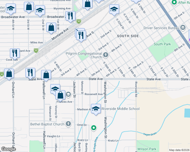 map of restaurants, bars, coffee shops, grocery stores, and more near 8 Adams Street in Billings