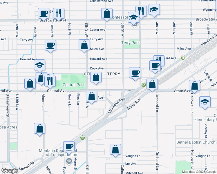 map of restaurants, bars, coffee shops, grocery stores, and more near 15 South 7th Street West in Billings