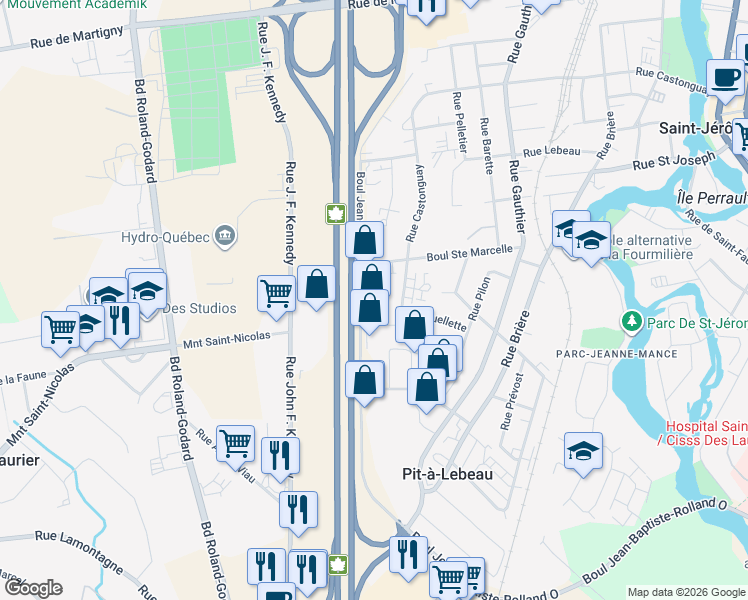 map of restaurants, bars, coffee shops, grocery stores, and more near 1149 Boulevard Jean-Baptiste-Rolland Ouest in Saint-Jérôme