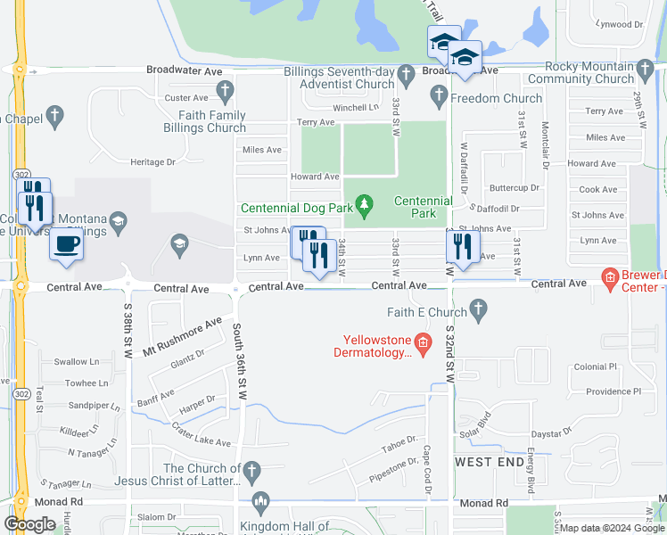 map of restaurants, bars, coffee shops, grocery stores, and more near 30 34th Street West in Billings