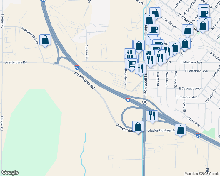 map of restaurants, bars, coffee shops, grocery stores, and more near Interstate 90 in Belgrade