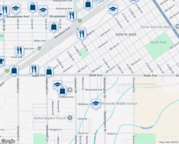 map of restaurants, bars, coffee shops, grocery stores, and more near 420 South 38th Street in Billings
