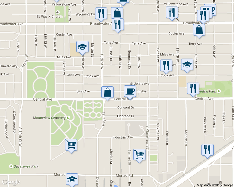 map of restaurants, bars, coffee shops, grocery stores, and more near 1410 Saint Johns Avenue in Billings