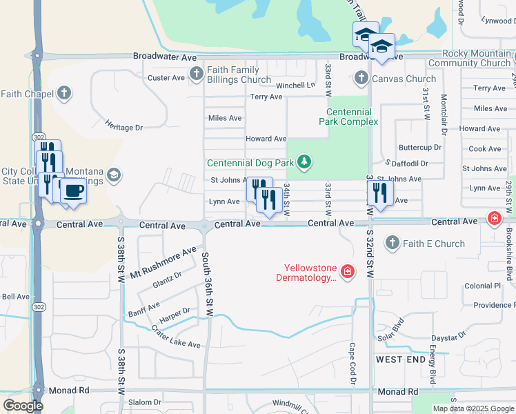 map of restaurants, bars, coffee shops, grocery stores, and more near 3445 Lynn Avenue in Billings
