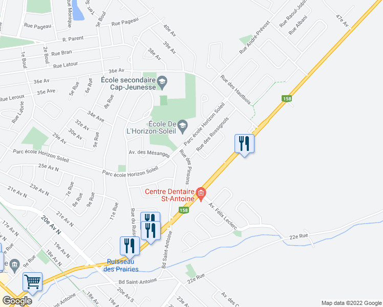 map of restaurants, bars, coffee shops, grocery stores, and more near 1341 Rue des Rossignols in Saint-Jérôme