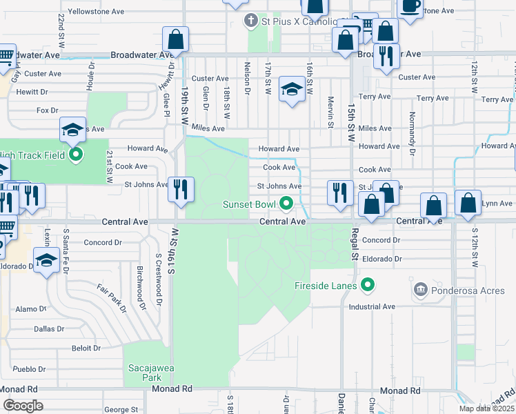 map of restaurants, bars, coffee shops, grocery stores, and more near 1712 Lynn Avenue in Billings