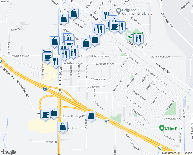 map of restaurants, bars, coffee shops, grocery stores, and more near 103 East Cascade Avenue in Belgrade