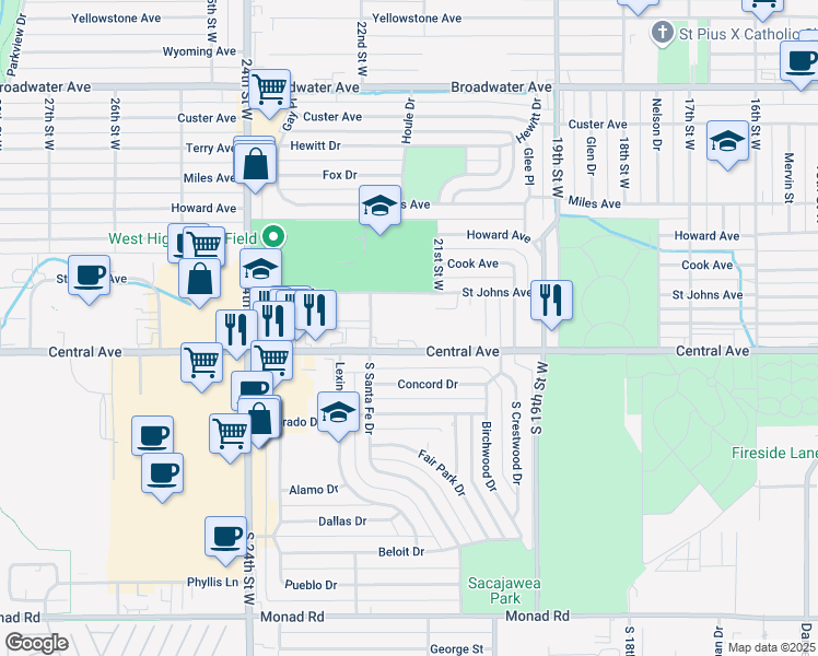 map of restaurants, bars, coffee shops, grocery stores, and more near 2115 Central Avenue in Billings