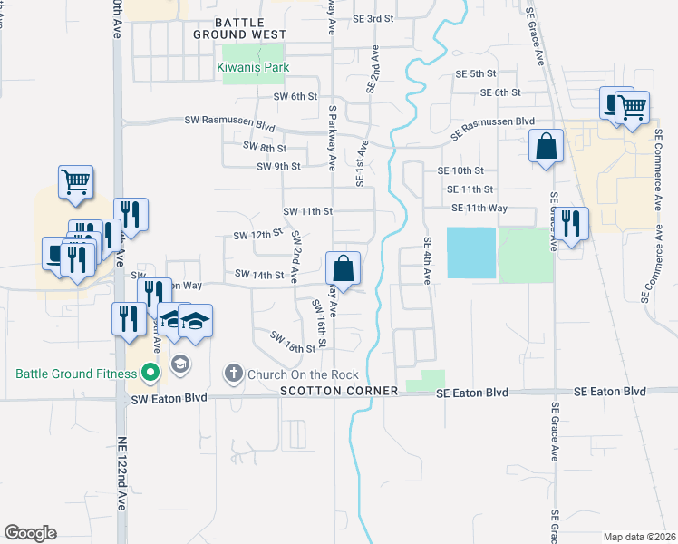 map of restaurants, bars, coffee shops, grocery stores, and more near 1428 Southeast 1st Avenue in Battle Ground