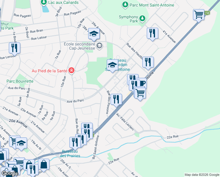 map of restaurants, bars, coffee shops, grocery stores, and more near 1341 Rue des Rossignols in Saint-Jérôme