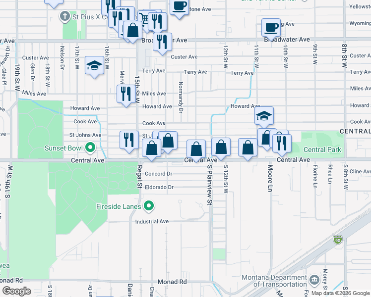 map of restaurants, bars, coffee shops, grocery stores, and more near 1302 Saint Johns Avenue in Billings