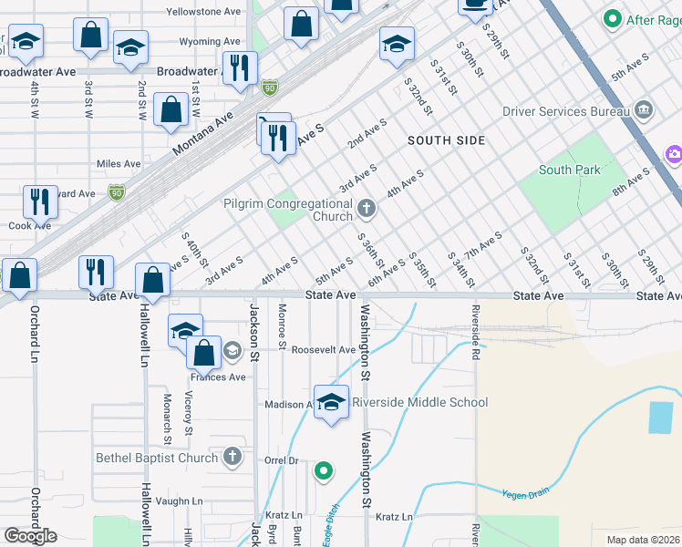 map of restaurants, bars, coffee shops, grocery stores, and more near 416 South 37th Street in Billings